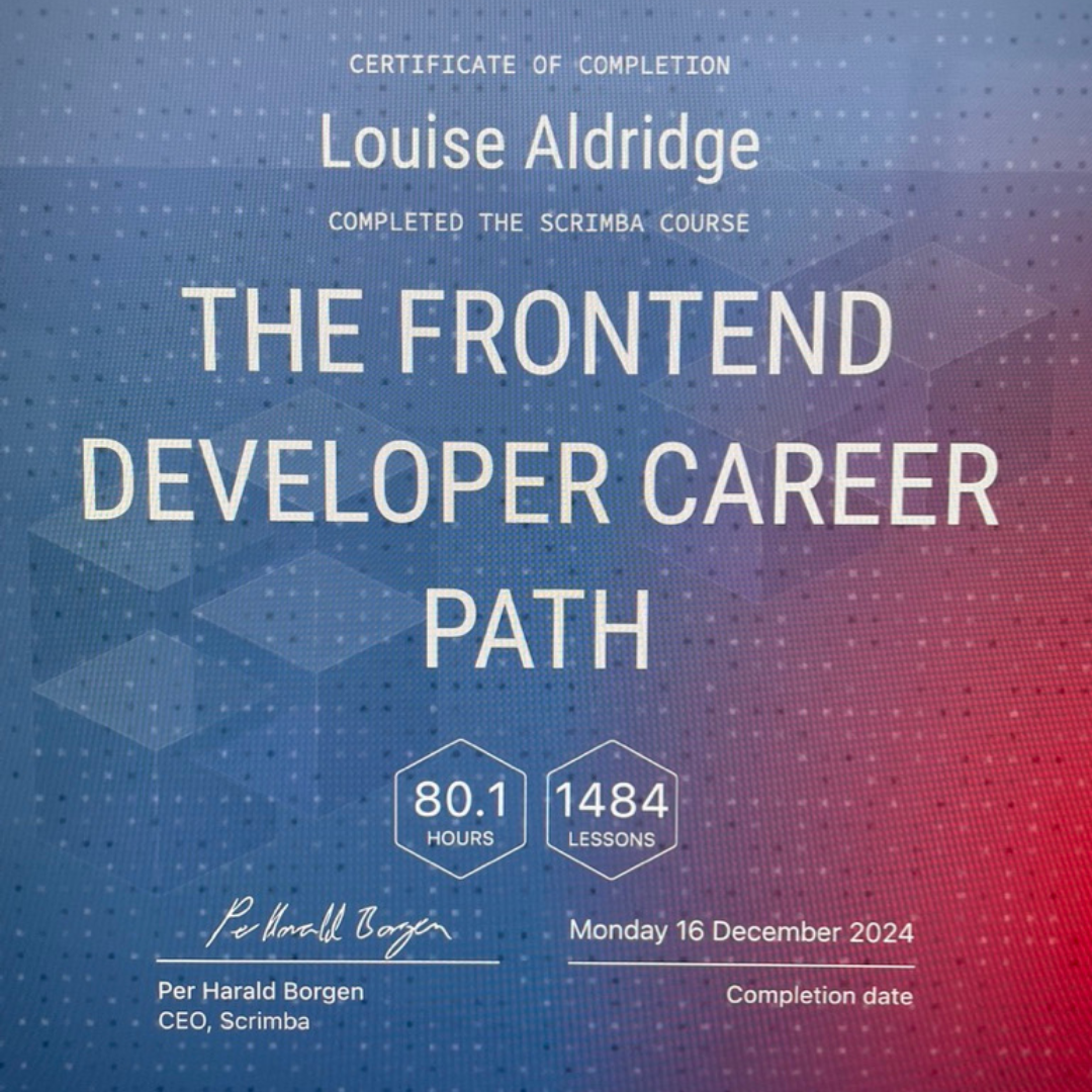 A screenshot of certificate from Scrimba's Frontend Developer Career Path for Louise Aldridge.