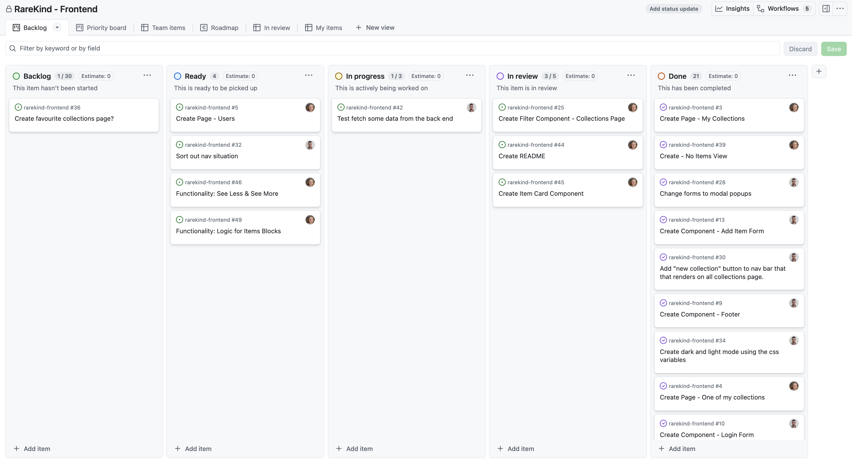 A screenshot of a GitHub project board.