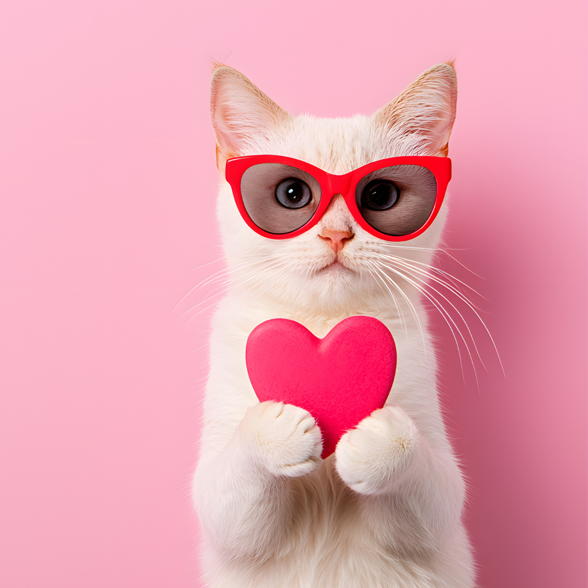 A cat holding a love heart whilst wearing sunglasses.