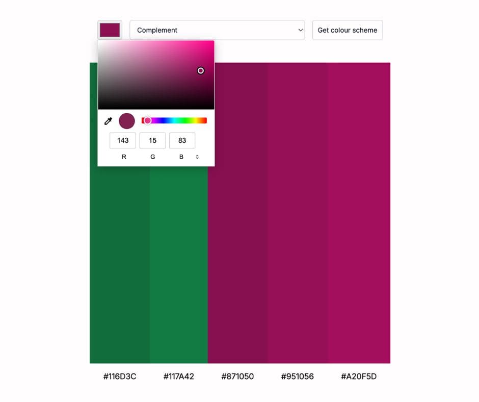 A screenshot of a generated colour scheme for the theme 'Complement'. Each colour block displays the associated hex codes underneath.