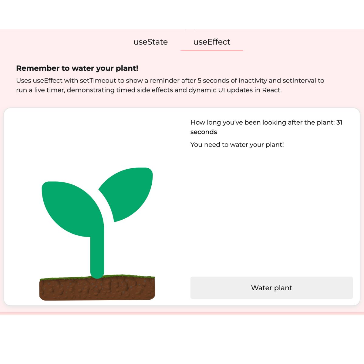 A screenshot of a plant and a timer with a button to click to water the plant.