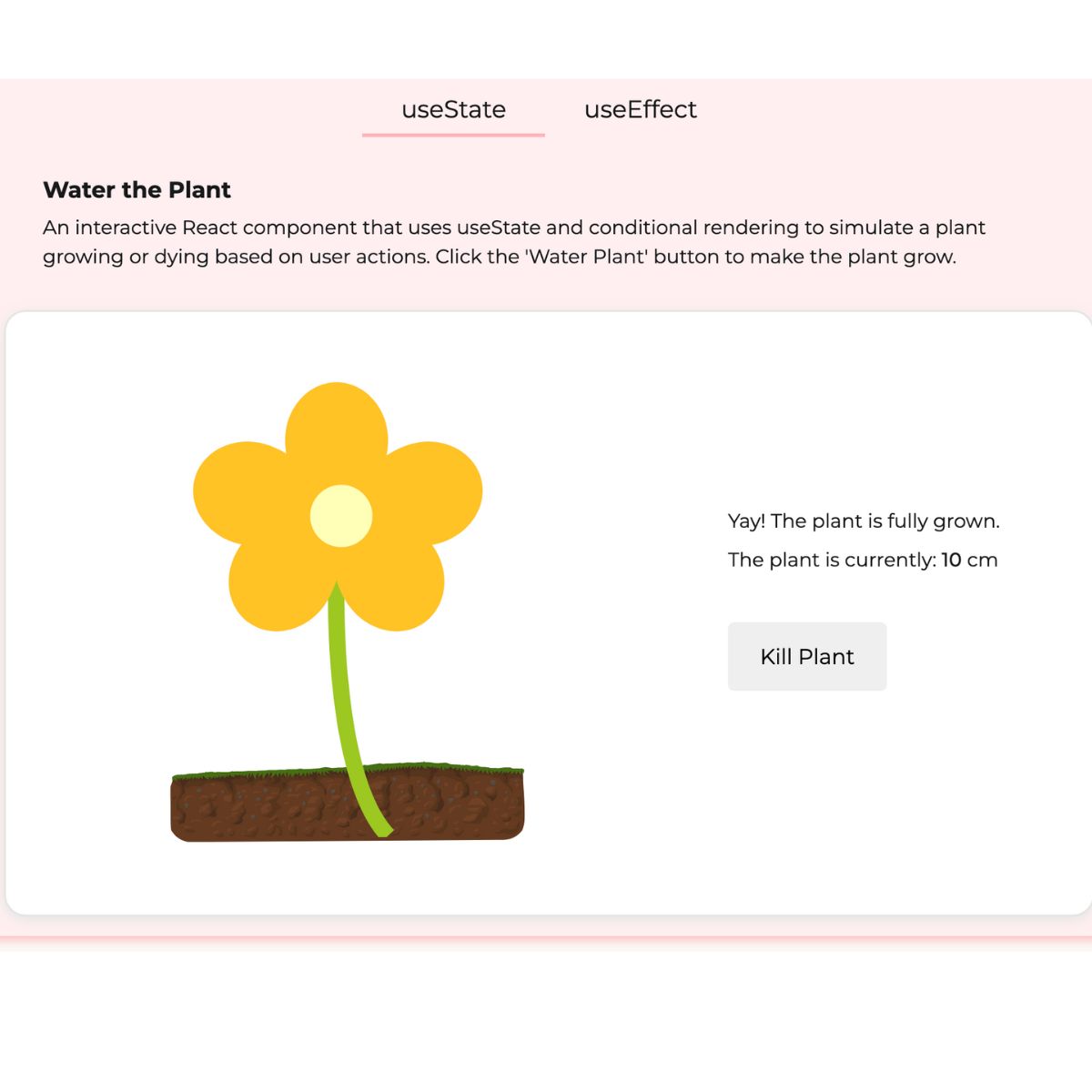 A screenshot of a plant that you can grow and kill by clicking a button.