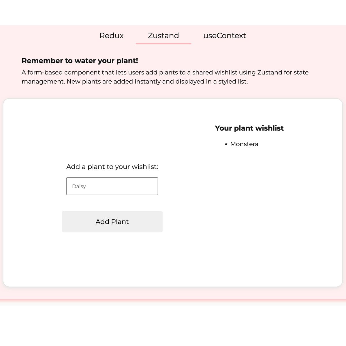 A screenshot of an input field, where you can add items to a plant wishlist.
