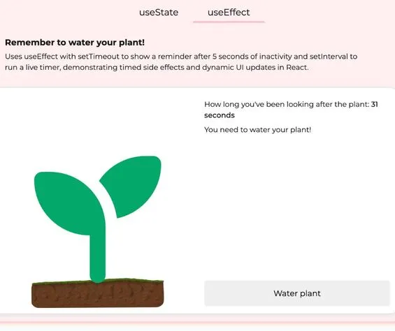 A screenshot of a plant and a timer with a button to click to water the plant.