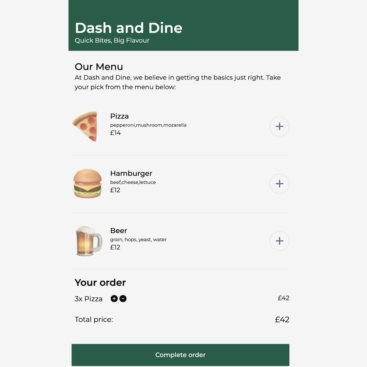 A screenshot of Dash and Dine menu with 3 pizzas added to the checkout with a total cost of £42.