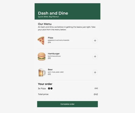 A screenshot of Dash and Dine menu with 3 pizzas added to the checkout with a total cost of £42.