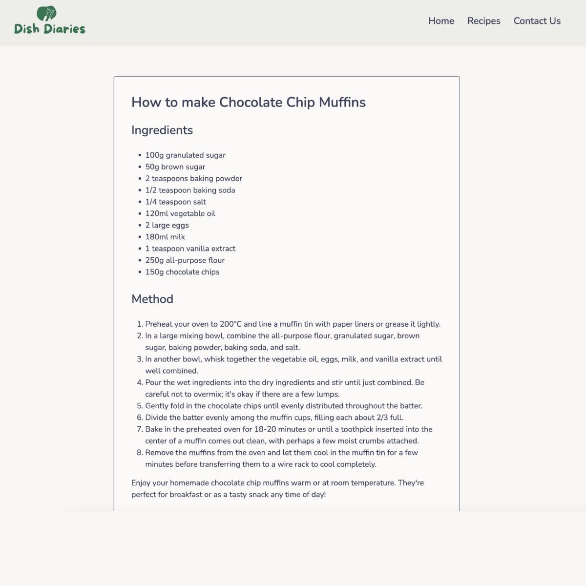 A screenshot of a Chocolate Chip Muffins recipe.