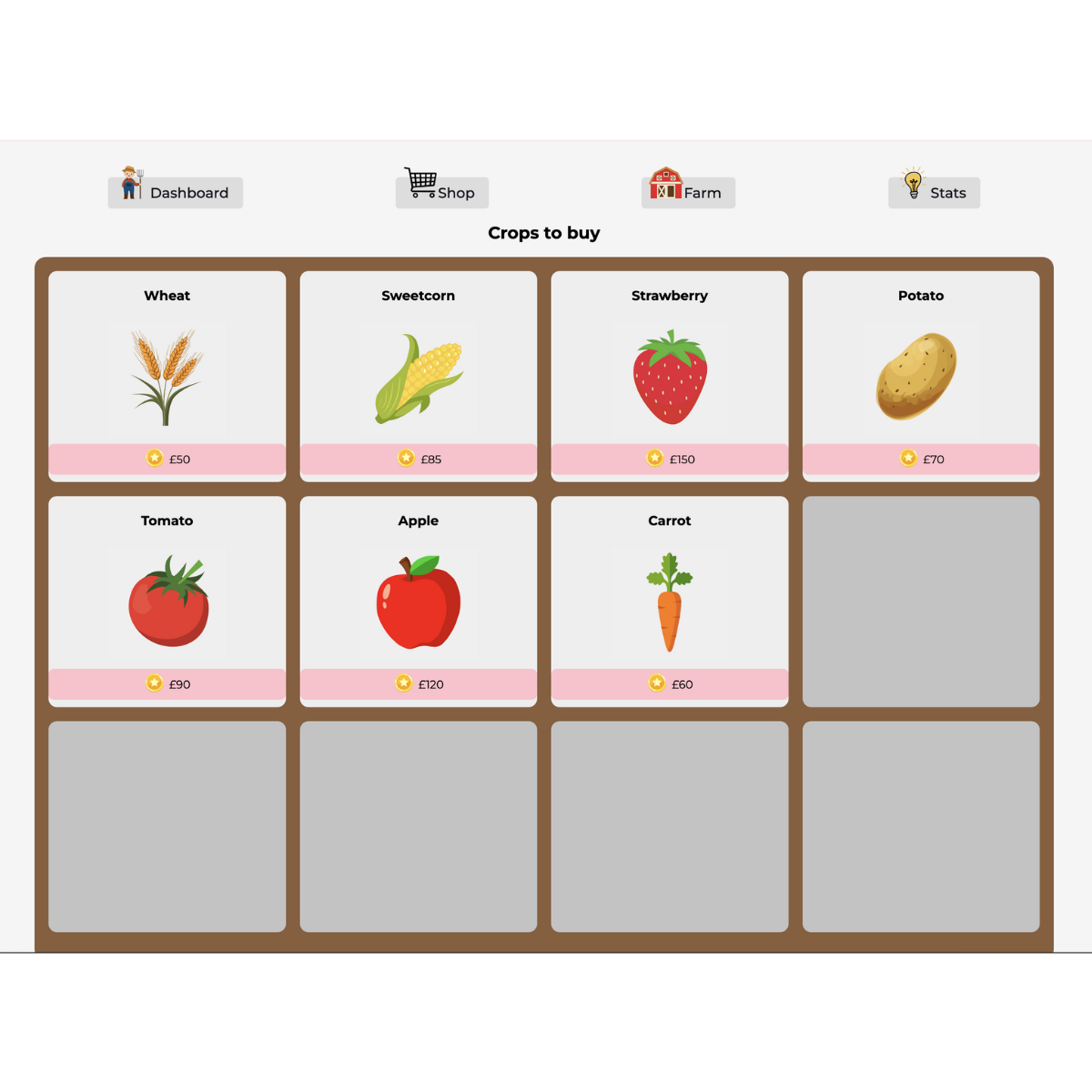 A screenshot of Crops to buy from the farm shop.