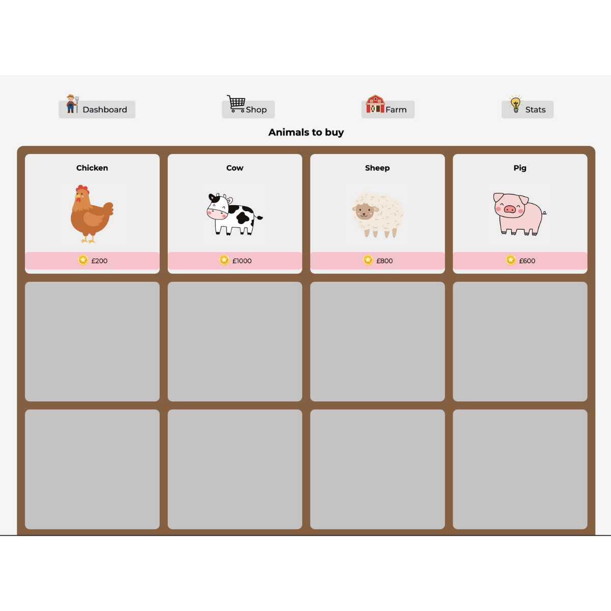 A screenshot of Animals to buy from the farm shop.