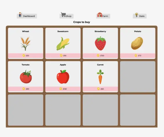 A screenshot of Crops to buy from the farm shop.