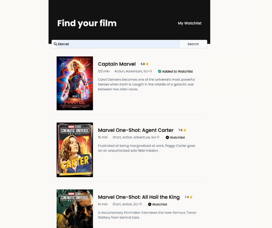 A screen shot of Film Watchlist. Search is for 'Marvel' films and relevant results are displayed underneath with a descriptionl, review rating, and a film poster thumbnail.