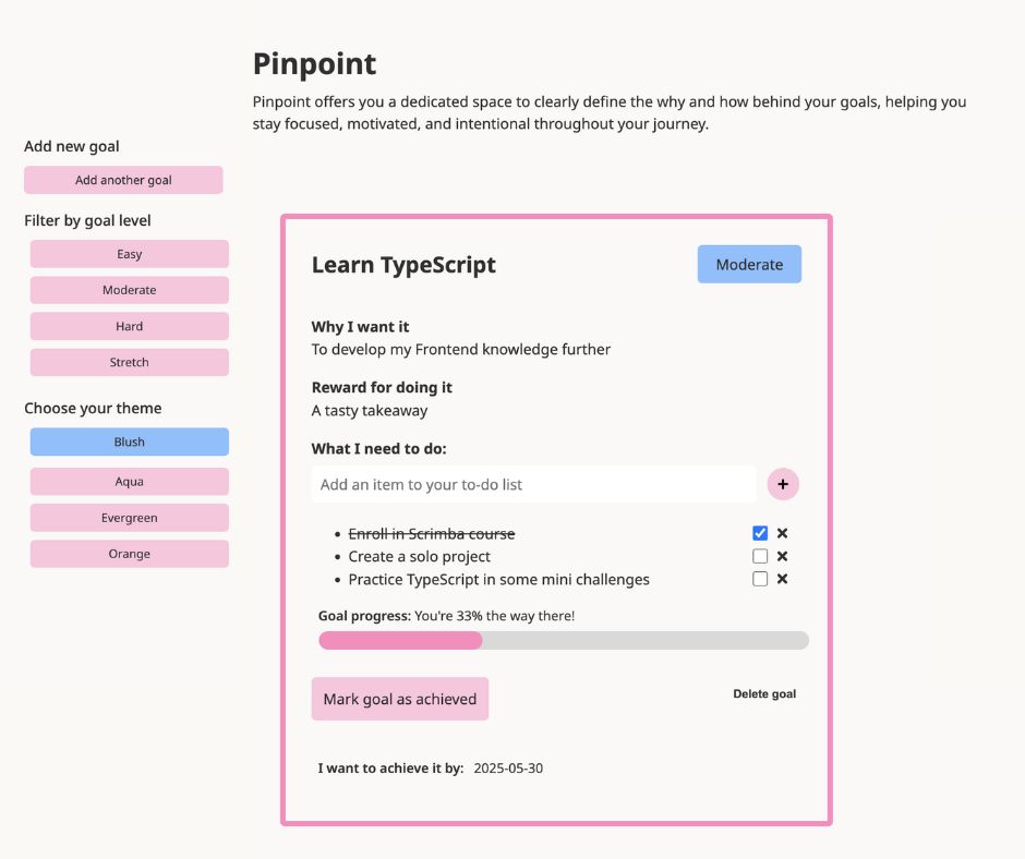 A screenshot of Pinpoint, displaying the form users use to create their goals.