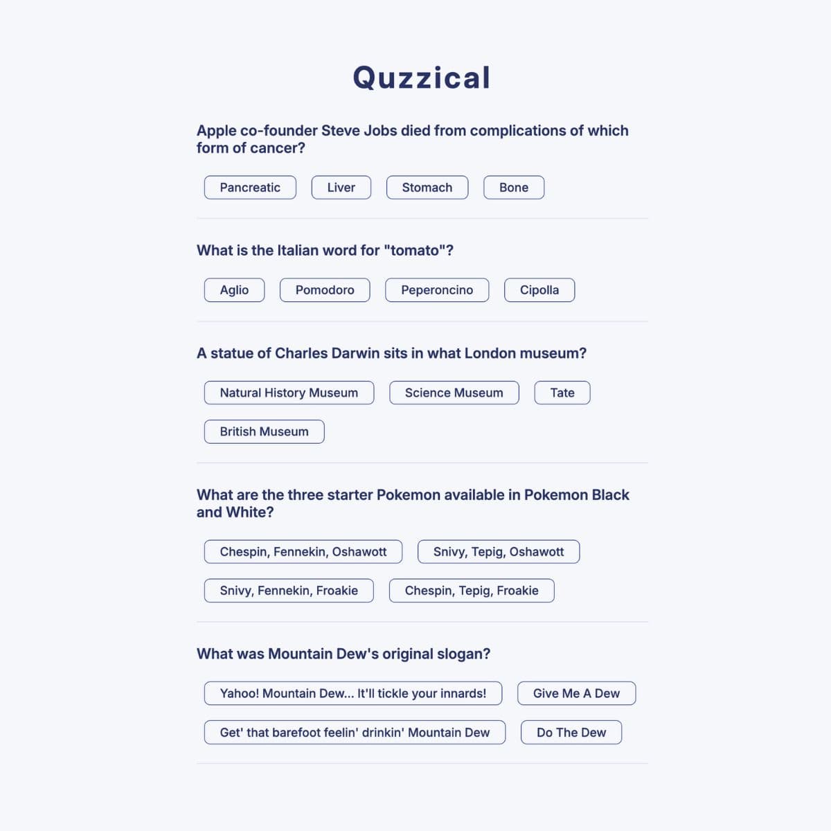 A screenshot of Quzzical displaying 5 general knowledge questions and 4 answer options.