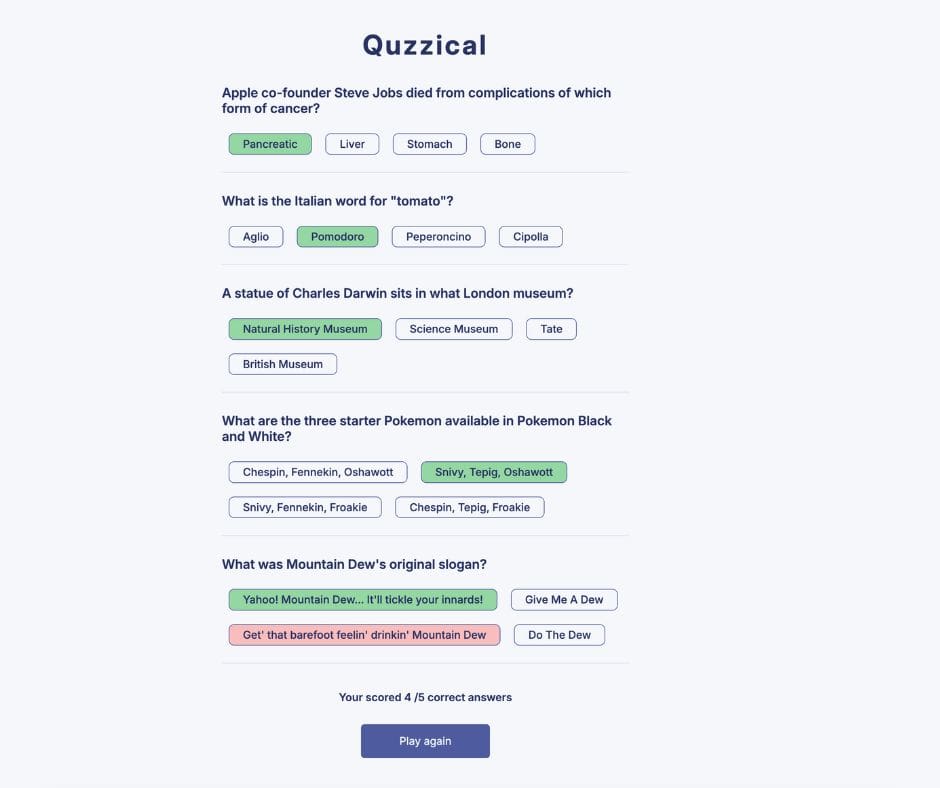 A screenshot of Quzzical displaying 5 general knowledge questions and 4 answer options.