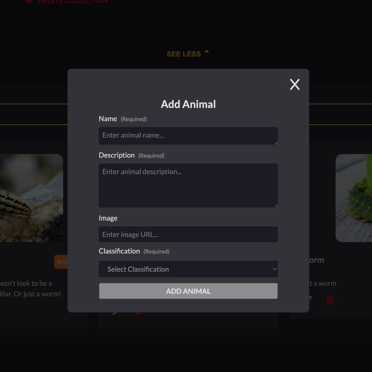 A screenshot of the Add Animal form open on RareKind. .