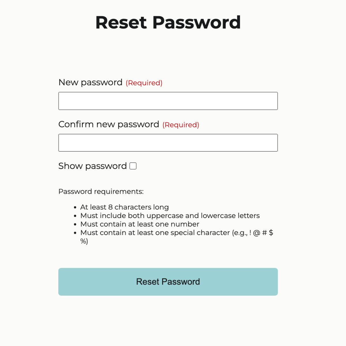 A screenshot of an empty password reset form.