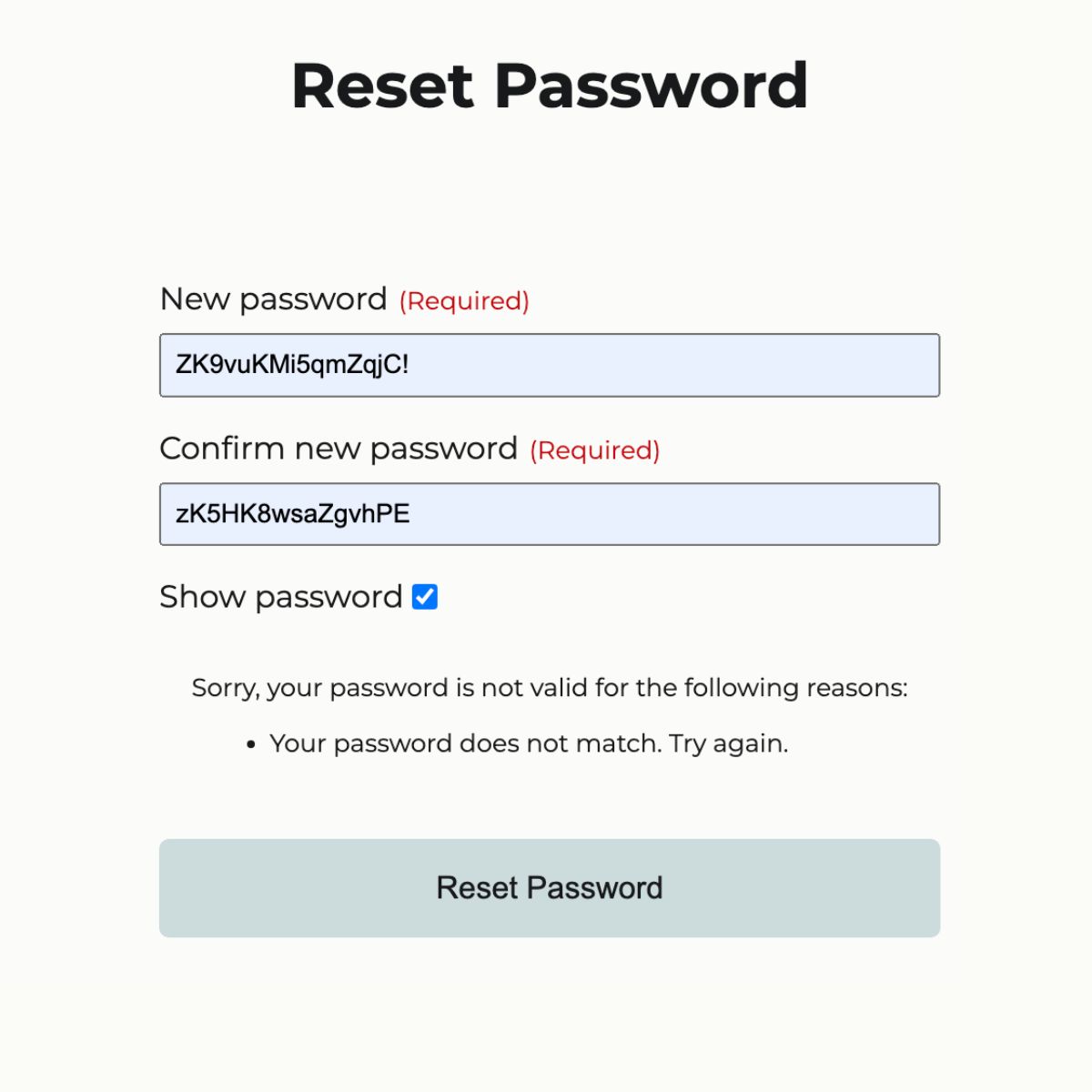 A screenshot of a password reset form filled out with two passwords which do not match.