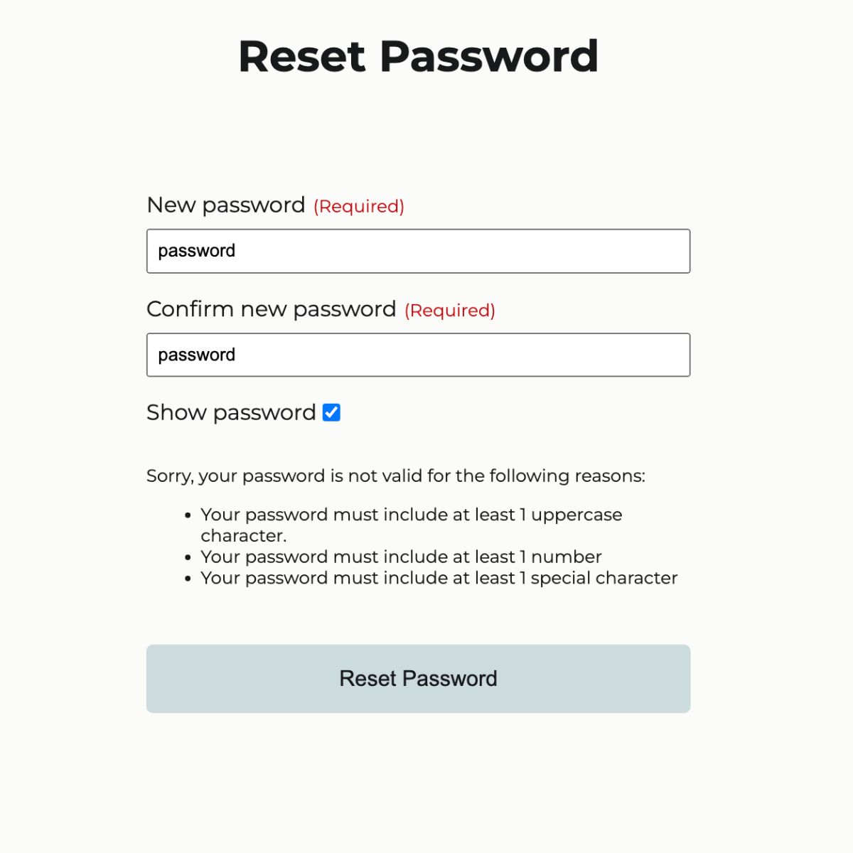 A screenshot of a password reset form with an invalid password.