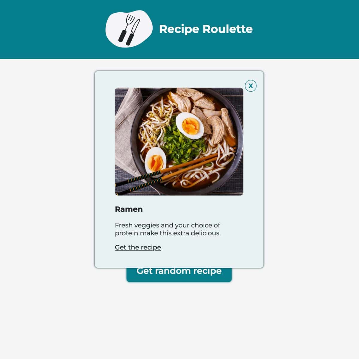 A screenshot of Recipe Roulette, showing the generated random recipe in a pop out.