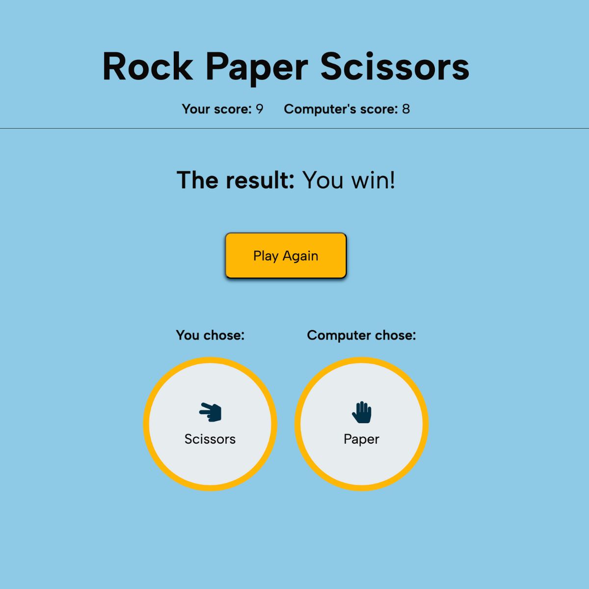 A screenshot of the results of a game of Rock Paper Scissors. I won.